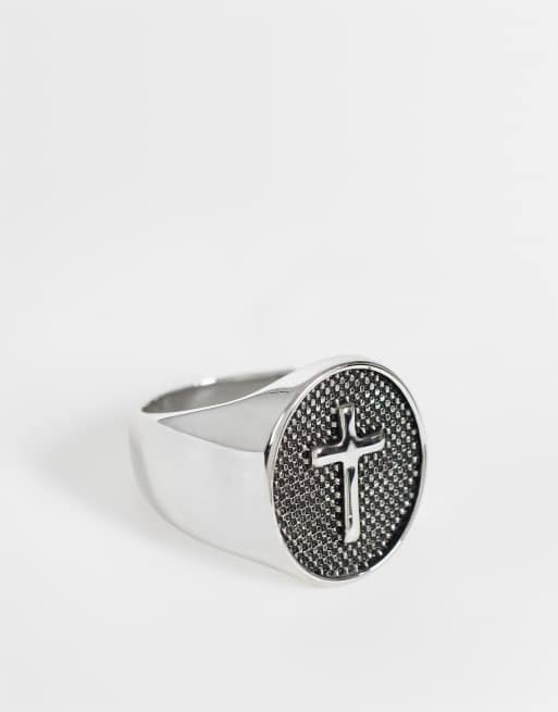 ASOS DESIGN waterproof stainless steel cross and texture flat top burnished signet ring in silver, 2 of 3
