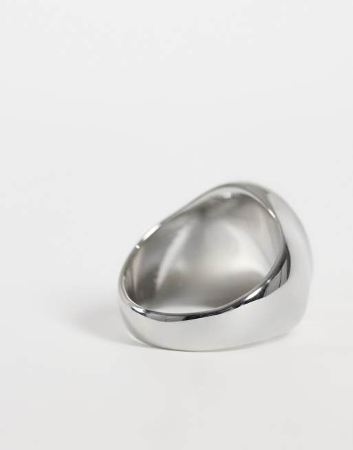 ASOS DESIGN waterproof stainless steel cross and texture flat top burnished signet ring in silver, 3 of 3