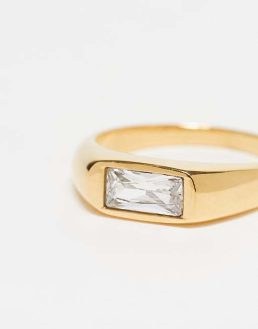 ASOS DESIGN waterproof stainless steel crystal signet ring in gold