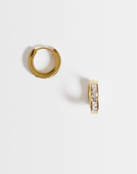 ASOS DESIGN waterproof stainless steel crystal stone huggie hoop earrings in gold - view 1