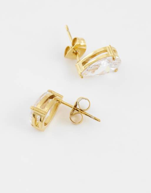 ASOS DESIGN waterproof stainless steel crystal tear drop earrings in gold, 3 of 4