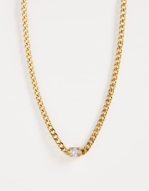 ASOS DESIGN waterproof stainless steel cubic zirconia crystal station chain necklace in gold - view 1