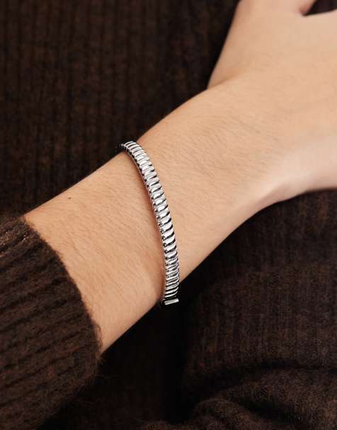 ASOS DESIGN waterproof stainless steel cuff bracelet with ridged design in silver tone with gift bag - view 1