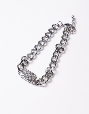 Asos Design Waterproof Stainless Steel Curb Chain Bracelet With Crystal Pendant In Silver