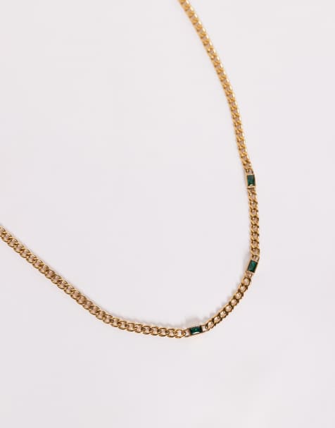 ASOS DESIGN waterproof stainless steel curb chain necklace gold with faux emerald stone - view 1