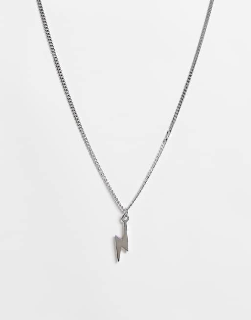 Asos Design Waterproof Stainless Steel Curb Necklace With 3d Lightning Bolt Pendant In Silver 4690