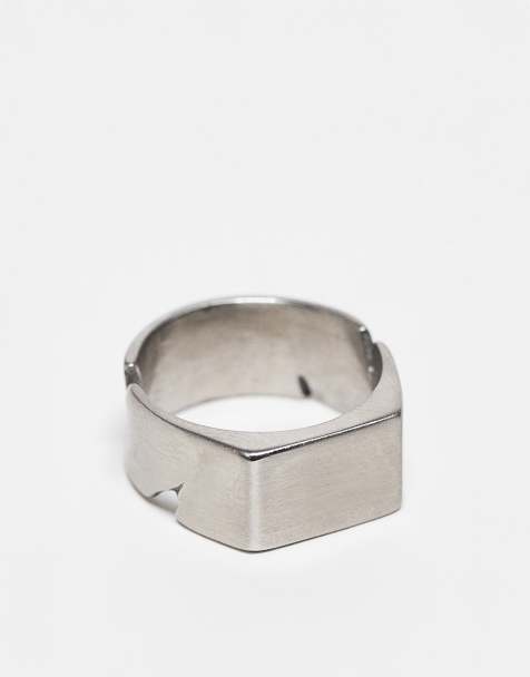ASOS DESIGN waterproof stainless steel cut out brushed silver signet ring in silver tone - view 1