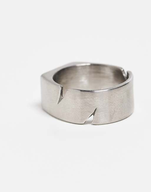 ASOS DESIGN waterproof stainless steel cut out signet ring in brushed silver tone