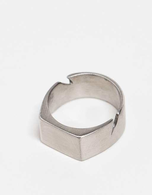 ASOS DESIGN waterproof stainless steel cut out signet ring in brushed silver tone