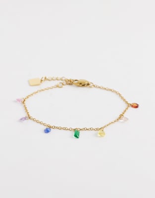 Asos Design Waterproof Stainless Steel Dainty Chain Bracelet With Multi-colored Drop Details In Gold