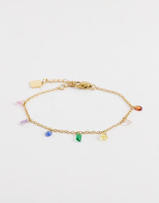 ASOS DESIGN Waterproof stainless steel dainty chain bracelet with multi-colored drop details in gold tone
