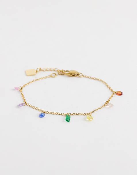 ASOS DESIGN Waterproof stainless steel dainty chain bracelet with multi-coloured drop details in gold tone - view 1