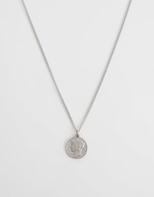 Asos Design Waterproof Stainless Steel Double Sided Coin Pendant Necklace In Silver