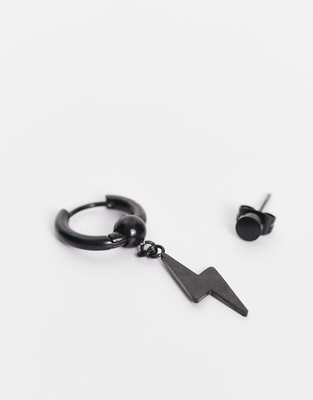 ASOS DESIGN waterproof stainless steel drop and stud earring set with lightning bolt in matte black