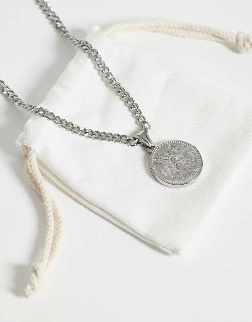 ASOS DESIGN waterproof stainless steel engraved coin pendant necklace in silver, 4 of 4
