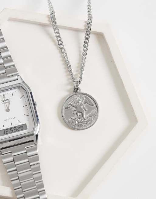 ASOS DESIGN waterproof stainless steel engraved coin pendant necklace in silver, 2 of 4