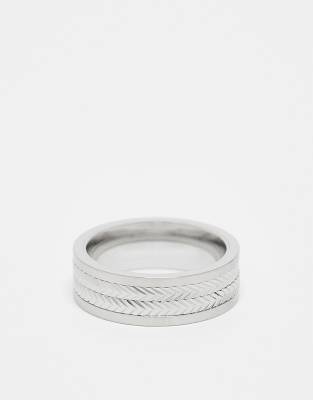 ASOS DESIGN waterproof stainless steel engraved herringbone movement band ring in silver