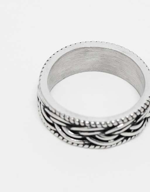 ASOS DESIGN waterproof stainless steel engraved plait detail band ring in silver tone, 3 of 3