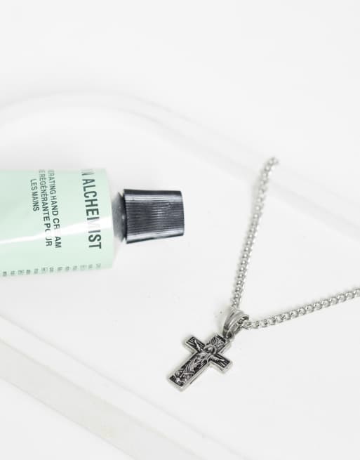 ASOS DESIGN waterproof stainless steel engraved Saint cross pendant necklace in silver, 2 of 4