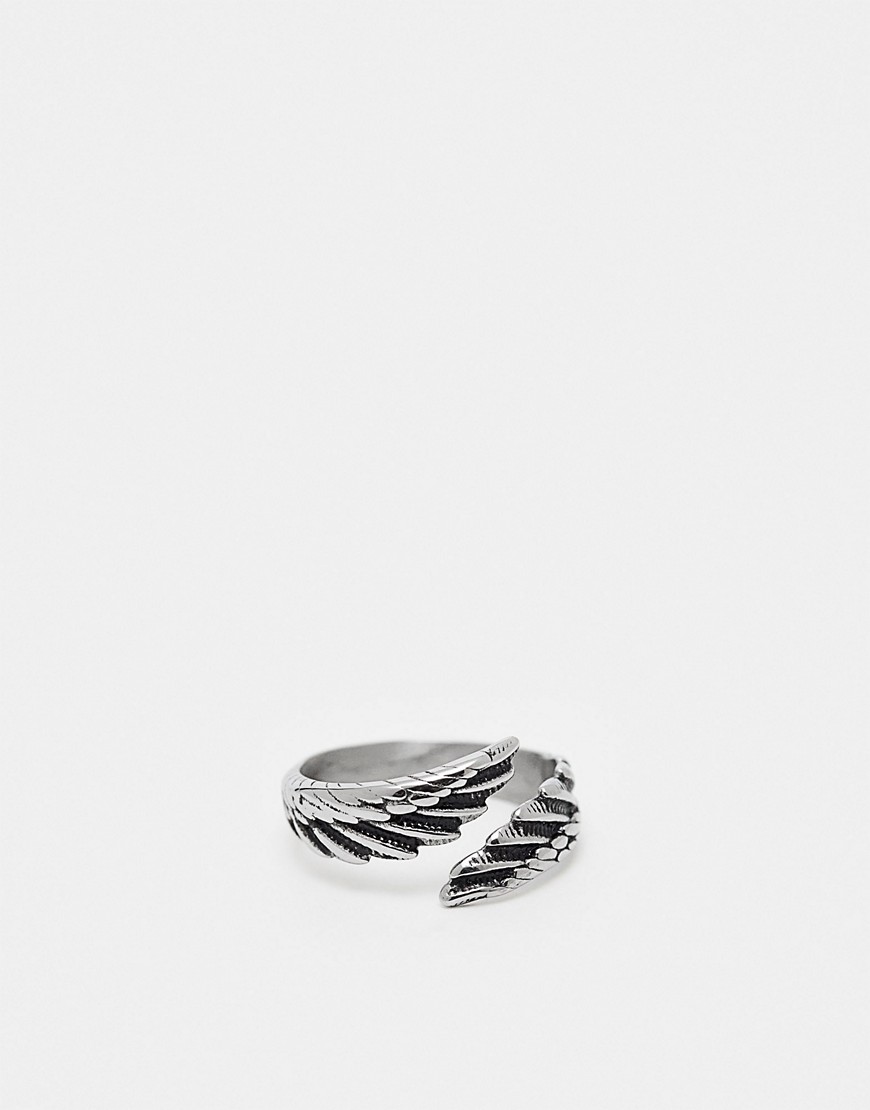 ASOS DESIGN waterproof stainless steel feather ring in burnished silver