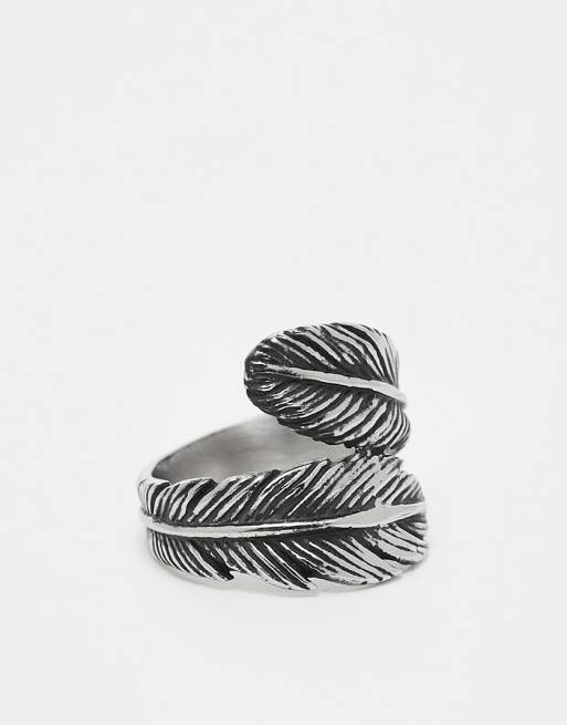 ASOS DESIGN waterproof stainless steel feather wrap ring in burnished silver  