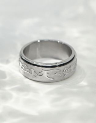 ASOS DESIGN waterproof stainless steel fidget ring with tattoo symbols in silver tone