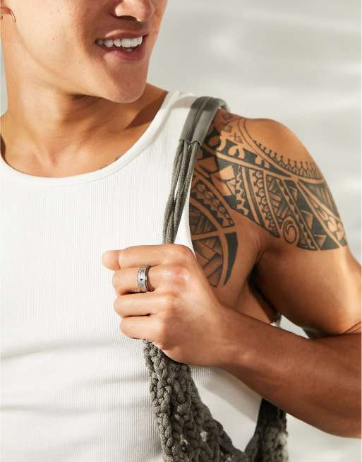 ASOS DESIGN waterproof stainless steel fidget ring with tattoo symbols in silver tone, 2 of 4