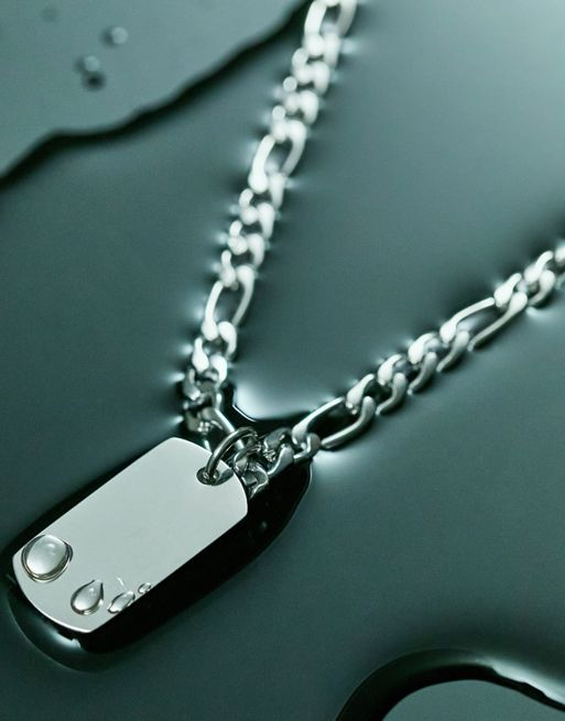 ASOS DESIGN waterproof stainless steel figaro necklace with brushed dog tag  pendant in silver tone