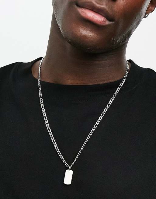 ASOS DESIGN waterproof stainless steel figaro necklace with brushed dogtag pendant in silver tone