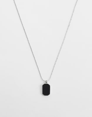 Asos Design Waterproof Stainless Steel Flat Oval Inset Stone Pendant Necklace In Black