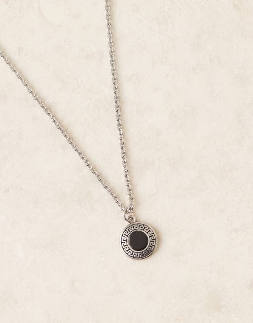ASOS DESIGN waterproof stainless steel greek wave pendant with semi-precious black agate s in silver  , 3 of 3