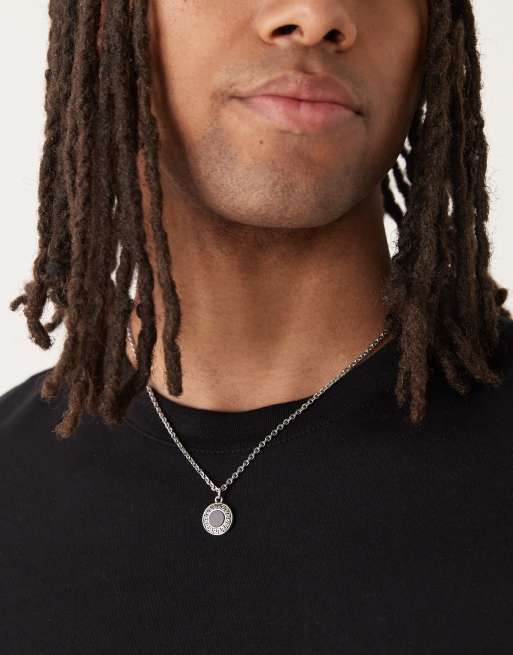 ASOS DESIGN waterproof stainless steel greek wave pendant with semi-precious black agate stone in silver tone