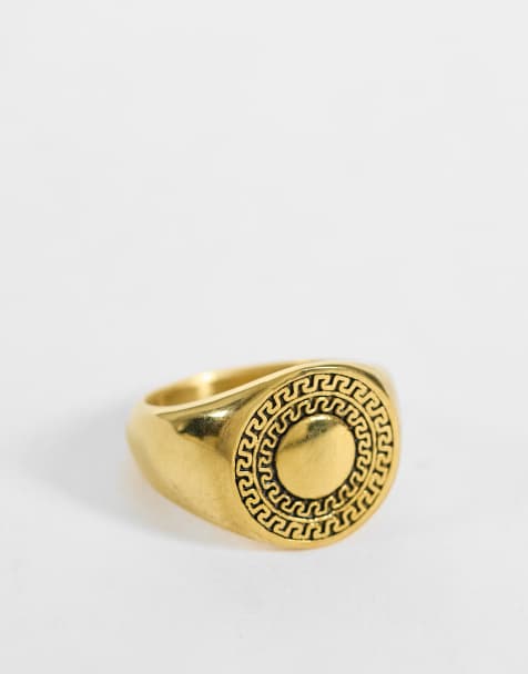 ASOS DESIGN waterproof stainless steel Greek wave signet ring in gold - view 1