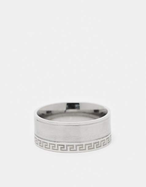 ASOS DESIGN waterproof stainless steel Greek wave single edge band ring in brushed silver - view 1
