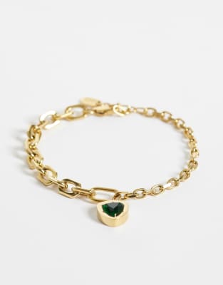 Asos Design Waterproof Stainless Steel Green Stone Pendant Bracelet In Gold