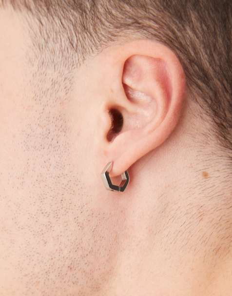 ASOS DESIGN waterproof stainless steel hexagon hoops in silver tone - view 1