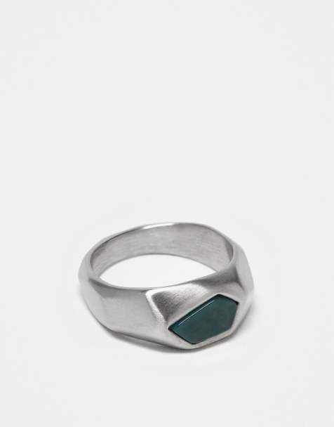 ASOS DESIGN waterproof stainless steel hexagonal ring with moss agate in silver tone - view 1