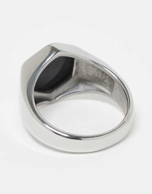 ASOS DESIGN waterproof stainless steel hexagonal signet ring with black s in silver  , 3 of 3