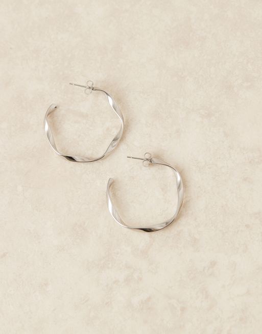 ASOS DESIGN waterproof stainless steel hoop earrings in twist design in silver tone, 2 of 3