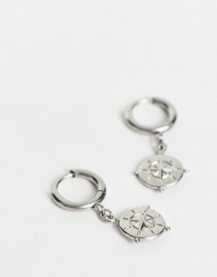 ASOS DESIGN waterproof stainless steel hoop earrings with compass design in silver tone
