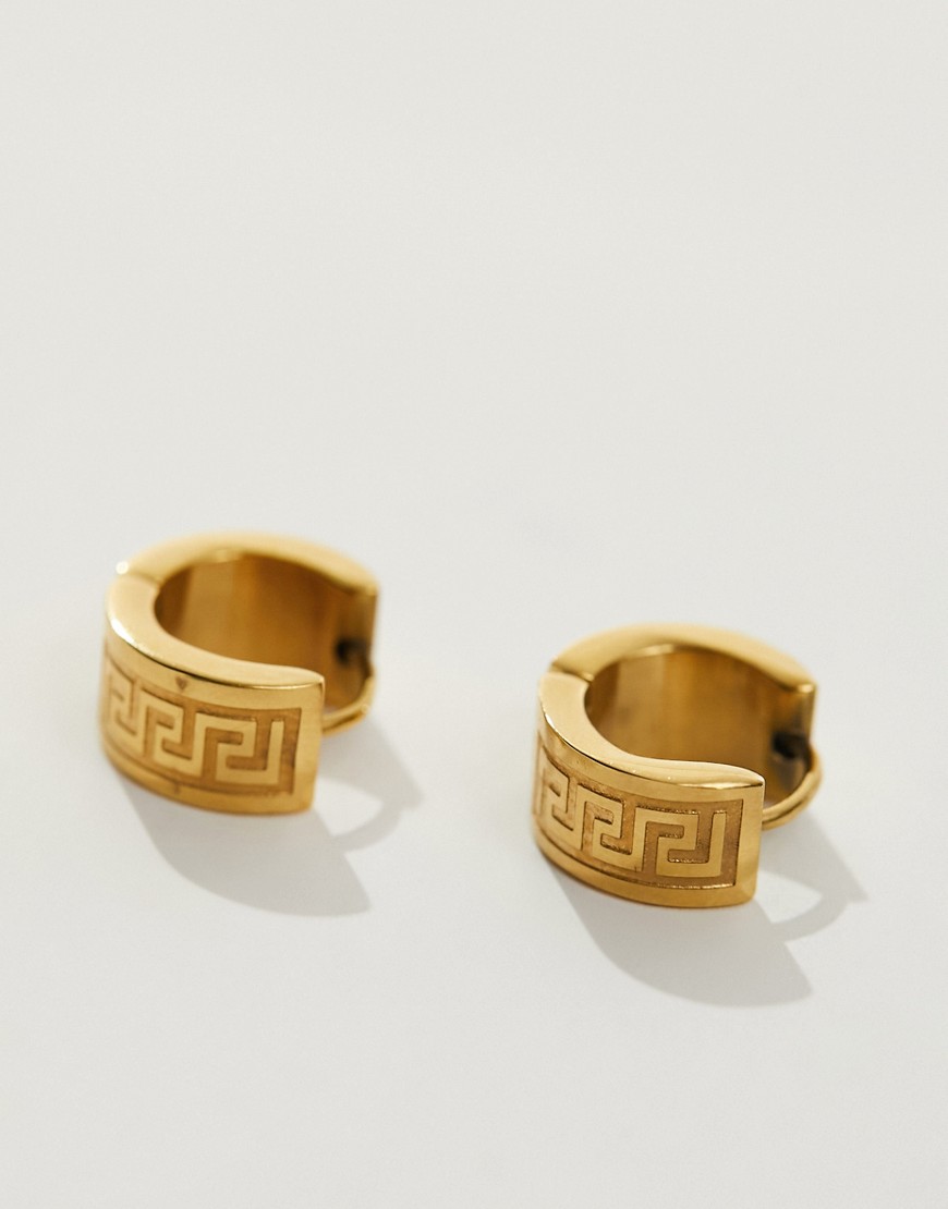 waterproof stainless steel hoop earrings with greek wave in gold tone