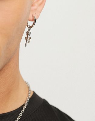 ASOS DESIGN waterproof stainless steel hoop earrings with rose in silver tone
