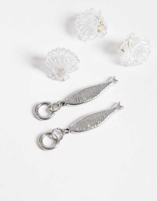 ASOS DESIGN waterproof stainless steel huggie hoop earrings with fish design in silver tone, 2 of 4