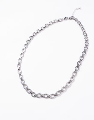 Asos Design Waterproof Stainless Steel Link Chain Necklace With Greek Wave Emboss Detail In Silver