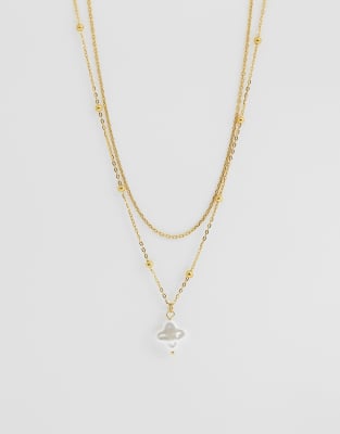 Asos Design Waterproof Stainless Steel Multi-row Necklace With Faux Pearl Pendant In Gold