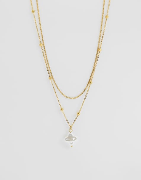ASOS DESIGN waterproof stainless steel multi-row necklace with faux pearl pendant in gold tone - view 1