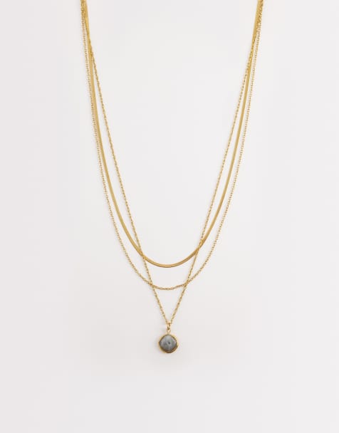 ASOS DESIGN waterproof stainless steel multi-row necklace with stone set and chain detailing in gold tone - view 1