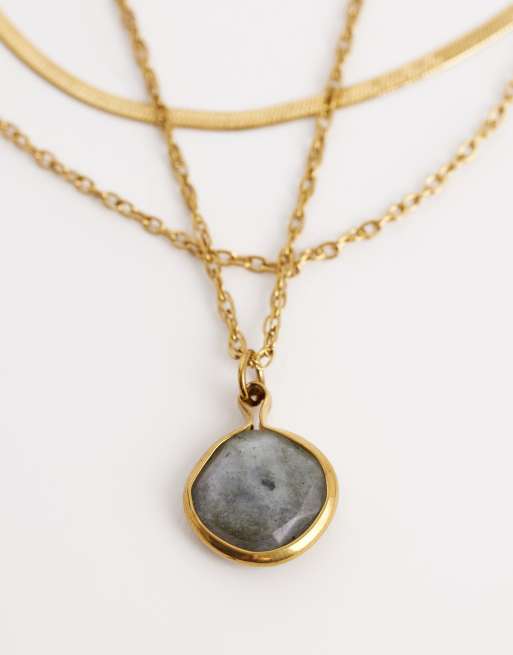 ASOS DESIGN  waterproof stainless steel multi-row necklace with stone set and chain detailing in gold tone, 4 of 4