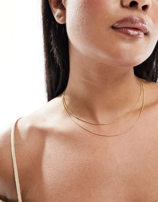  ASOS DESIGN waterproof stainless steel multirow necklace in fine snake chain in gold tone