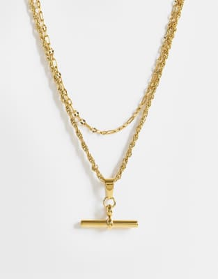 Asos Design Waterproof Stainless Steel Muti-row Necklace With Tbar In Transparent